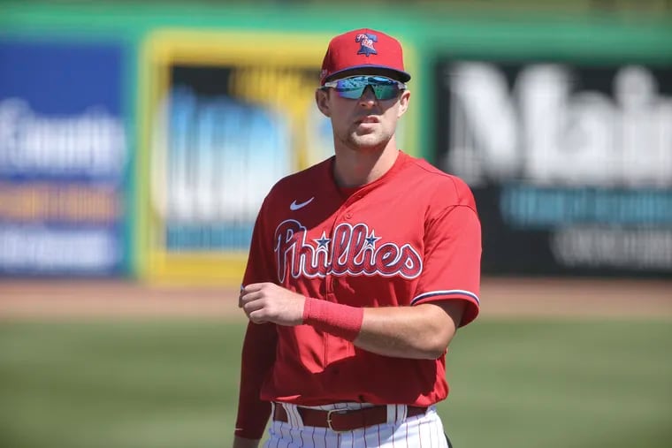 Phillies first baseman Rhys Hoskins played in his first game Thursday since undergoing surgery on his left elbow last October. He went 1-for-3 and said he will be ready for opening day.