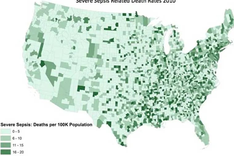 Map showing hotspots of sepsis deaths in the United States (Courtesy of Penn Medicine)