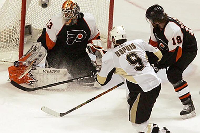 Martin Biron made 36 saves in the Flyers' 4-2 Game 4 win over the Penguins. (Barbara L. Johnston/Inquirer)