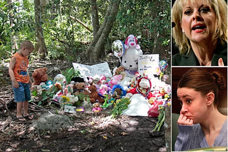 A boy visits the memorial of Caylee Anthony. Top right, CNN commentator Nancy Grace, who regularly hammered at Casey Anthony's guilt. A jury disagreed. (AP Photo/Alan Diaz)
