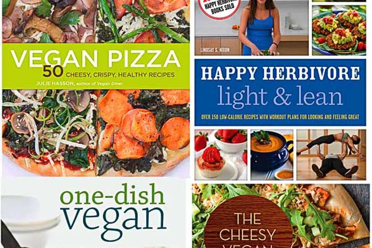 Four recent vegan cookbooks to consider for holiday giving: Vegan Pizza by Julie Hasson; Happy Herbivore Light & Lean by Lindsay Nixon; One-Dish Vegan by Robin Robertson; and The Cheesy Vegan by John Schlimm.