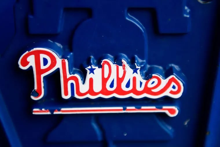 The Phillies logo on a seat at Citizens Bank Park.
