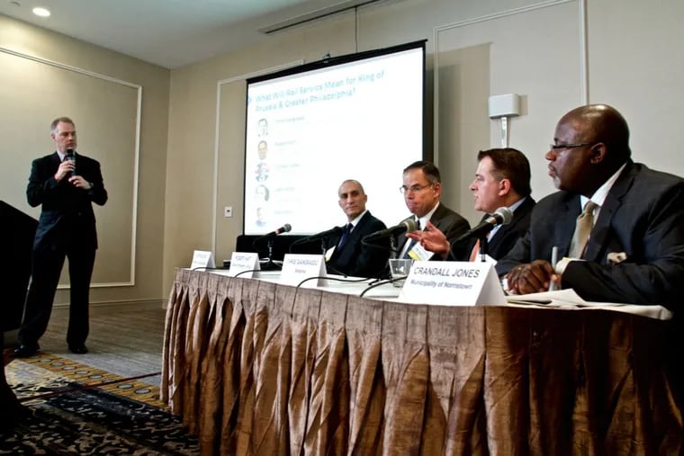 At an Economy League of Greater Philadelphia forum, panelists discussed the economic benefits of a proposed King of Prussia rail expansion (from left): Steve Wray, head of the Economy League; Justin Schor, principal of Wells & Associates; Bob Hart, general manager of the King of Prussia mall; Chris Giangrasso, vice president of Arkema Inc.; and Crandall Jones, Norristown administrator.