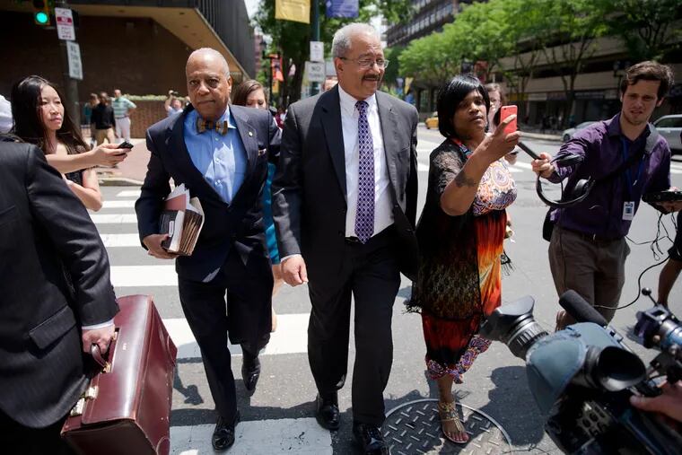 Guilty as charged: Rep. Chaka Fattah (center) leaves the federal courthouse after being convicted of an array of charges stemming from an illegal loan to his mayoral campaign.