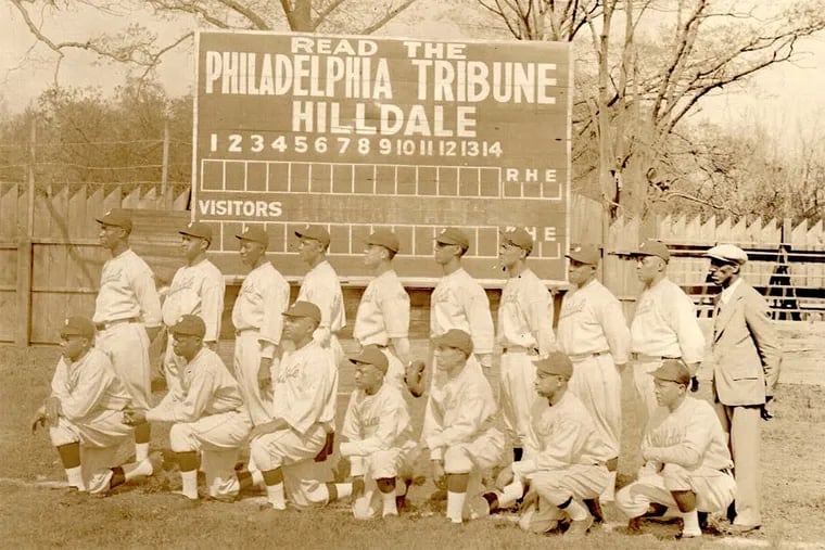 The Hilldale Athletic Club, based in Darby. They were also known as the Darby Daisies. Note the Philadelphia Tribune ad atop the scoreboard. An image from Tina Morton's project "When We Came Up Here," part of "The Great Migration: A City Transformed (1916-1930)" at the Scribe Video Center.
