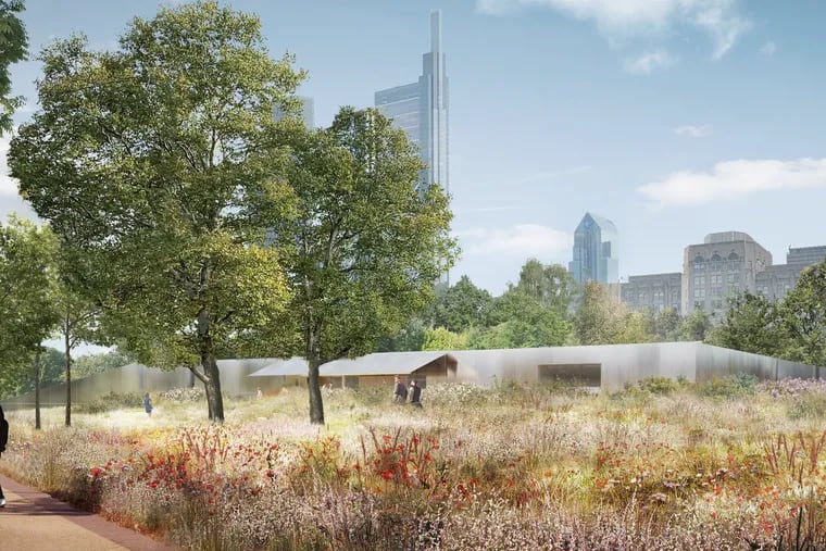 A rendering of the main entrance to Calder Gardens, which will be located on the Parkway, between 21st and 22nd Streets, in a meadow designed by landscape architect Piet Oudolf. Clad in a softly brushed stainless steel, the pavilion forms a portal to the subterranean galleries.