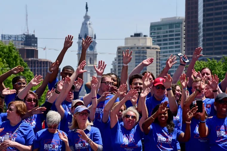 Joe Biden supporters before the former vice president and Democratic presidential candidate arrived for a rally on Eakins Oval in Philadelphia on May 18, 2019.