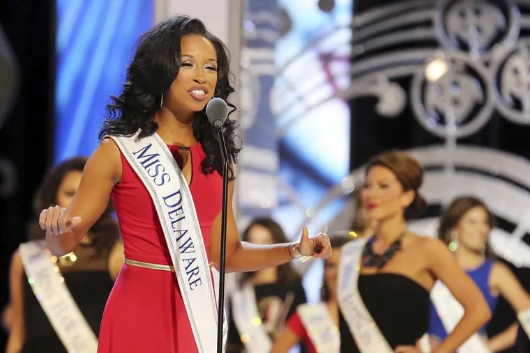 Brittany Lewis competing in 2014 as Miss Delaware at the Miss America pageant.