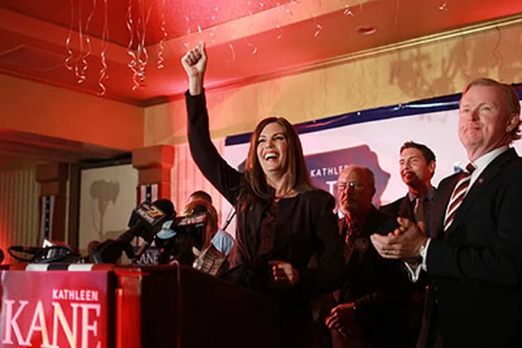 Kathleen Kane makes her acceptance speech at the Radisson Lackawanna Station Hotel in Scranton, Pa. on Tuesday, Nov. 6, 2012. She will be the first woman and first Democrat Pennsylvania has ever elected as attorney general. Her husband Chris stands at right. (David Swanson / Staff Photographer)