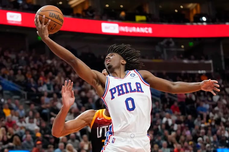 Sixers guard Tyrese Maxey going to the basket against the Utah Jazz on Nov. 16.