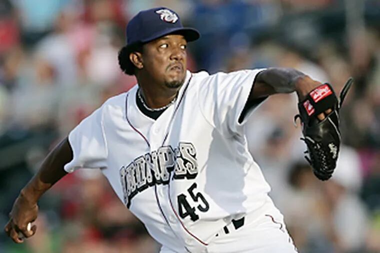Pedro Martinez works against the
Columbus Clippers in a minor league baseball rehab start for the
Lehigh Valley IronPigs. (AP Photo/Rich Schultz)