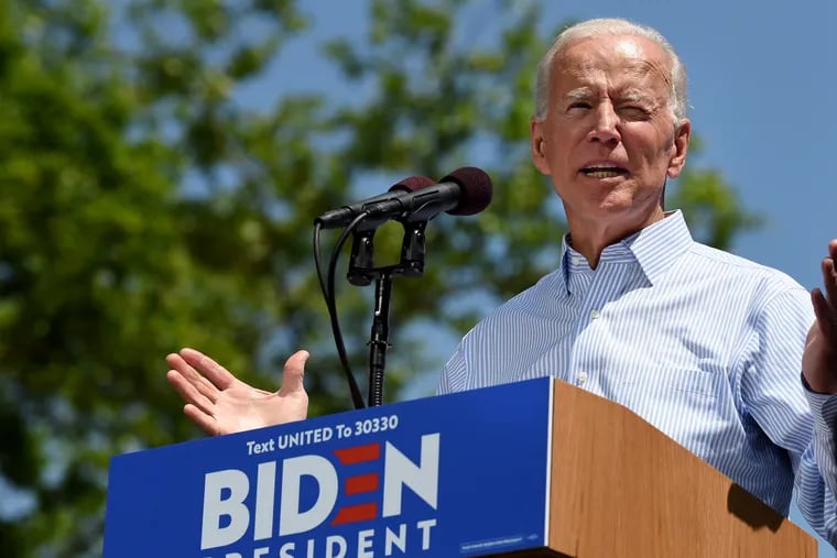Former vice president and Democratic presidential candidate Joe Biden speaks during a rally on Eakins Oval in May.