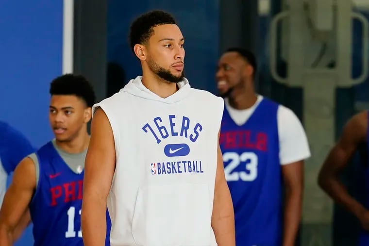 Ben Simmons taking part in a Sixers practice on Oct. 18, 2021.
