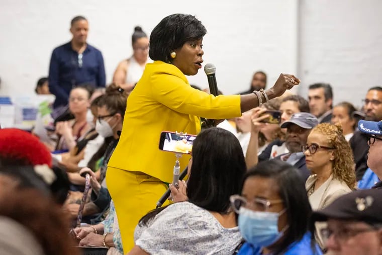 Mayor Cherelle L. Parker held a town hall meeting in Kensington on May, 7, 2024, the day before the city is scheduled to clear an encampment along Kensington Avenue.
