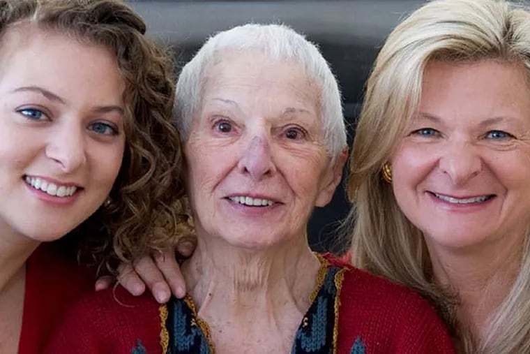 Lisa Scottoline (right) with her mother, Mary, and daughter Francesca Serritella. Mary is in hospice care at Lisa's house. (April Narby)