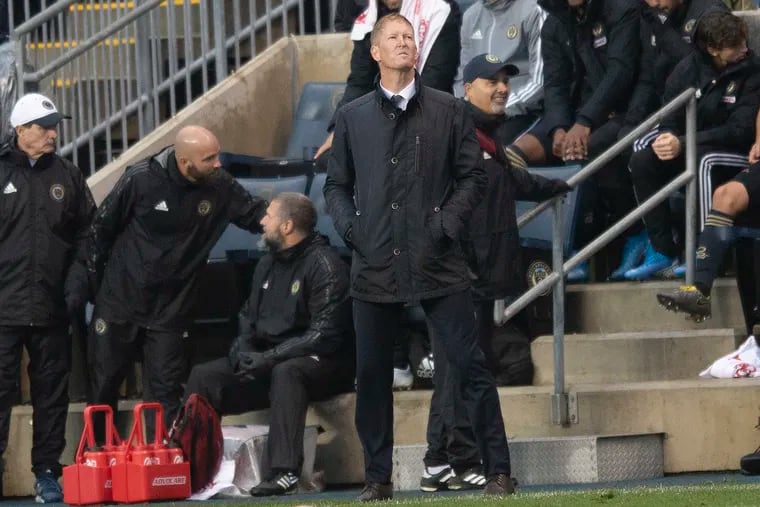 Union manager Jim Curtin on the sideline during last year's playoff game against the New York Red Bulls, which was the Union's last home game until this week.