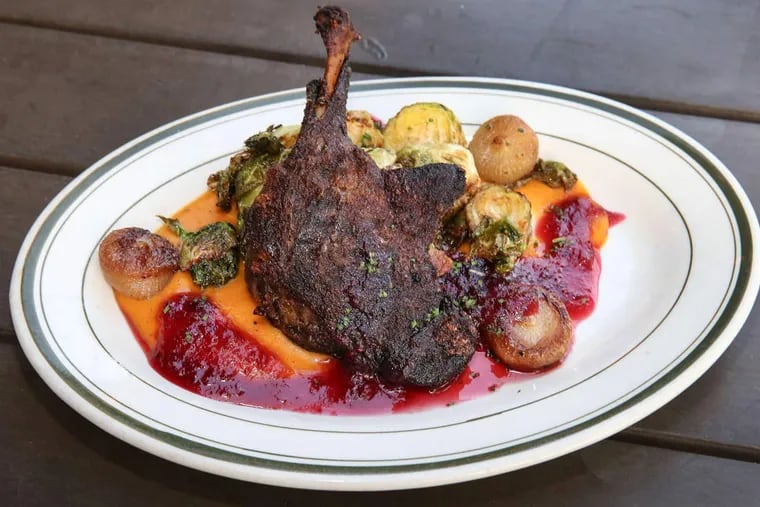 Not your usual bar fare: Tender leg of duck confit over butternut squash puree with Brussels sprouts. New chef Ethan Morgan has continued Val Stryjewski's ideas regarding "whiskey-friendly" food.