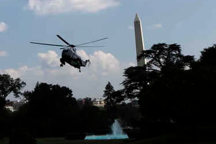 Marine One nears the White House with President Obama on board. Boeing says it will offer a helicopter based on its Chinook or Osprey.