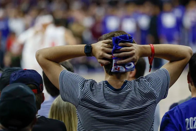 Sixers fan near the end against the Knicks at the Wells Fargo Center for game 6 of the first round Playoffs in Philadelphia, Thursday, May 2, 2024.