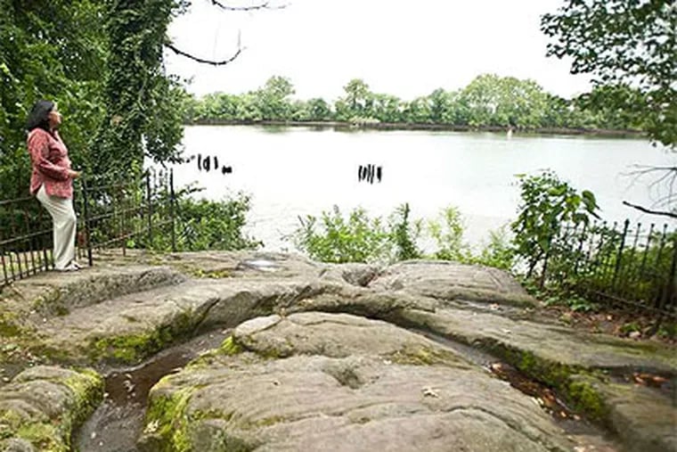 Maitreyi Roy, new executive director of Bartram's Garden in Southwest Philadelphia, stands on a large stone where the property meets the Schuylkill. (Ron Tarver / Staff Photographer)
