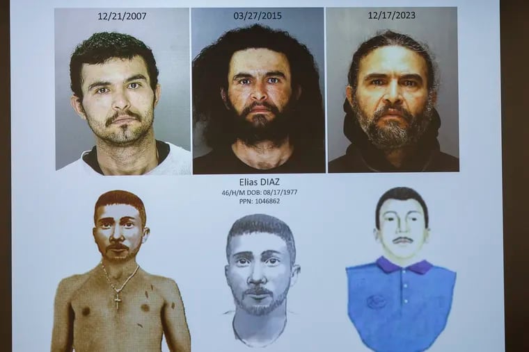 Mug shots are projected during a press conference on new developments in Fairmount Park rapist. Police believe they have identified the famous Fairmount Park rapist/murderer, the man who was arrested this week for slashing people with a machete in Pennypack Park. Tuesday, December  19, 2023.