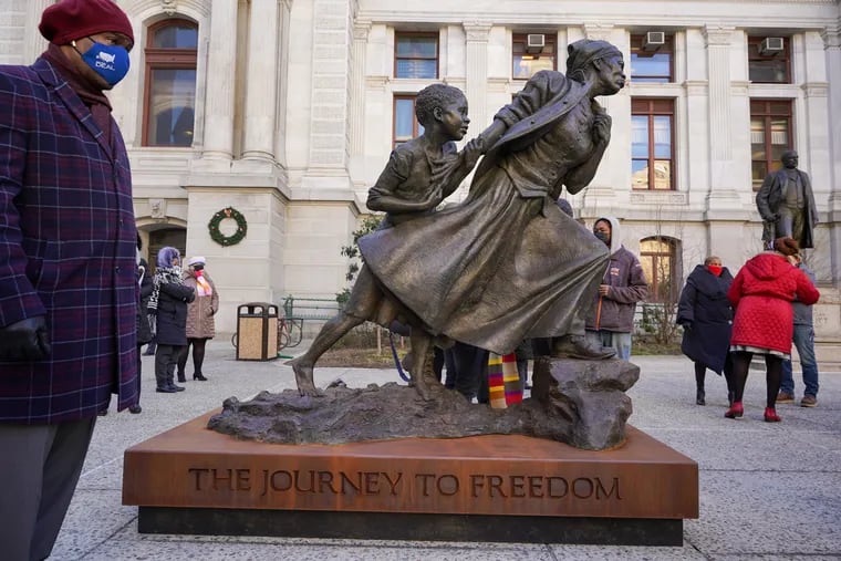 The Harriet Tubman statue at City Hall in Philadelphia on Jan. 11, 2022. The sculpture was created by Wesley Wofford.