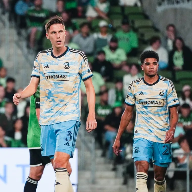 Jack Elliott (left) and Nathan Harriel during the Union's 2-2 draw at Austin on Saturday.