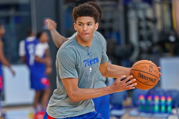 Sixers top draft pick Matisse Thybulle works on his dribble during summer league practice at the 76ers practice facility in Camden, NJ on July 3, 2019. .
