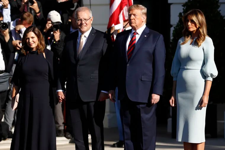 President Donald Trump and first lady Melania Trump welcome Australian Prime Minister Scott Morrison and his wife Jenny Morrison during a State Arrival Ceremony on the South Lawn of the White House in Washington, Friday, Sept. 20, 2019, in Washington.