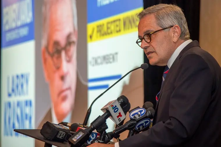 District Attorney Larry Krasner is seen making his victory speech in the Democratic primary election on May 18, 2021. As he heads into a second term in January, his office wracked by dissent and staff turnover.