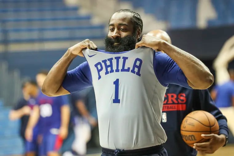 James Harden pulls up his jersey after Wednesday's 76ers practice at The Citadel in Charleston, S.C.