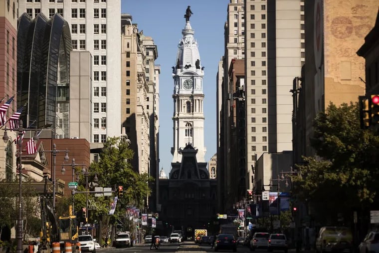 FILE – This Wednesday, Oct. 18, 2017, file photo shows City Hall in Philadelphia. Pennsylvania. Boston and Philadelphia both had longstanding sports curses — in Philly, it was centered on the William Penn Statue atop City Hall.