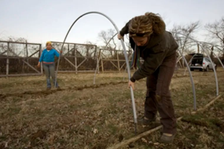 Deirdre Bowers assembles part of the frame for a hoop house at Wild Goose Garden in Glen Mills, while Shira Kamm supports the other end. The two women had worked together on another local farm, and Kamm hired Bowers as &quot;assistant farmer&quot; in her new endeavor.