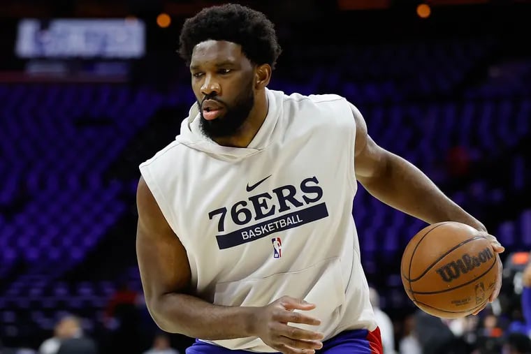 Sixers center Joel Embiid dribbles the basketball during warm ups before Game 2 of the first round Eastern Conference playoffs against the Brooklyn Nets on Monday, April 17, 2023 in Philadelphia.