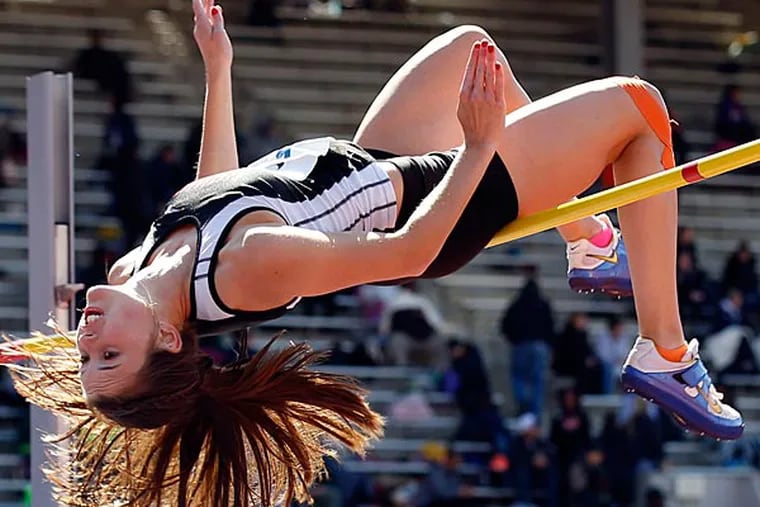 Germantown Academy high jumper, Megan McCloskey fails on her final
attempt at 5' 9" at the Penn Relays in Franklin Field on Thursday,
April 24, 2014.  ( Yong Kim / Staff Photographer )