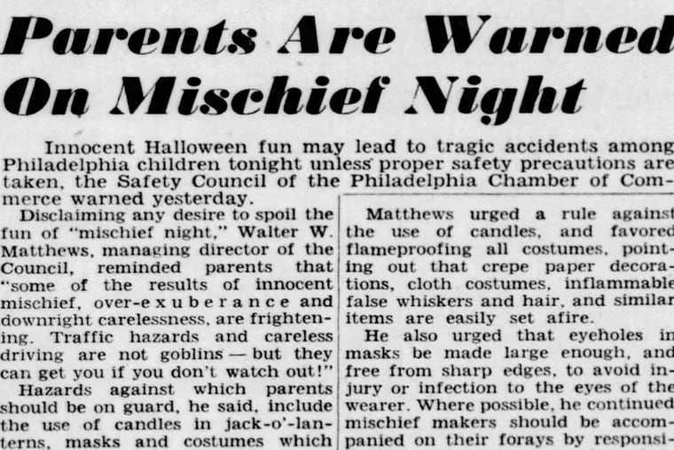 A front-page warning to Inquirer readers on the night before Halloween in 1947.