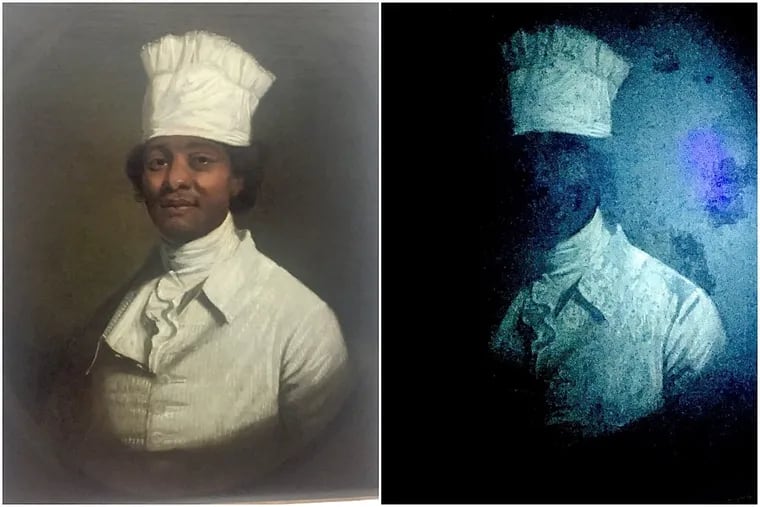 A portrait once believed to be George Washington's enslaved cook, Hercules, was submitted to the scrutiny of a dozen art experts under the UV light, right.