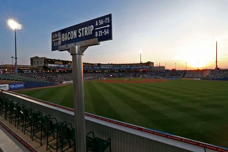 A section of outfield seats at Coca-Cola Park in Allentown, home of the Lehigh Valley IronPigs, is named Bacon Strip.