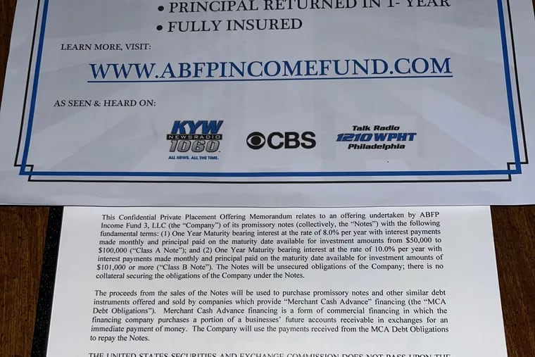 Documents used to market unregistered investments in merchant cash advance loans made by Par Funding, a Philadelphia loan company, also known as Complete Business Financial Solutions, in 2019, and prepared for investors by ABFP, a King of Prussia insurance brokerage. Par was taken over by a court-appointed receiver in 2020 after it stopped making 10% interest payments or refunding principal to hundreds of investors.
