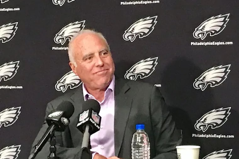 Eagles owner Jeffrey Lurie talks to reporters at a news conference in Phoenix, Ariz., on Tuesday.