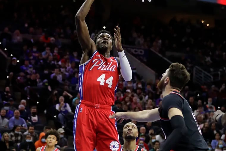 Paul Reed lays up the basketball against the Portland Trail Blazers on Monday, November 1, 2021 in Philadelphia. He got the start for the shorthanded Sixers Saturday.