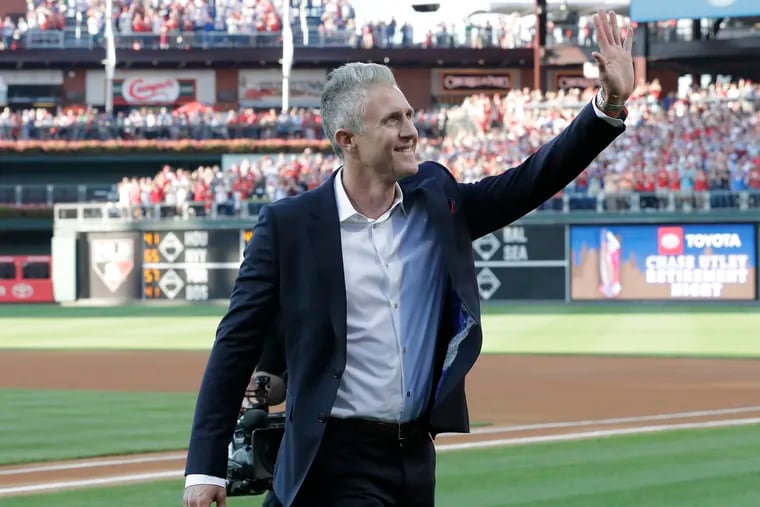 Former Phillies second baseman Chase Utley during his retirement night ceremony before the team hosted the Miami Marlins on June 21, 2019.