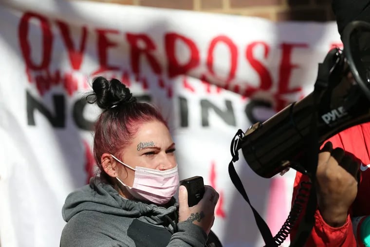 Shea Russo, who said she was addicted to herion, speaks during rally outside federal court to support supervised injection sites as the Safehouse case moves through a federal appeals court in Philadelphia in November 2020. Russo, who lives in Kensington, is in recovery.