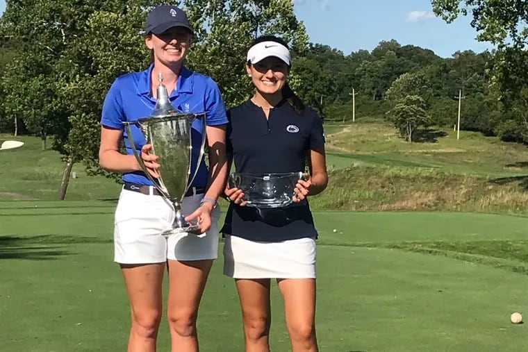 Pennsylvania Women’s Amateur champion Jackie Rogowicz poses with the trophy after defeating former Penn State teammate Olivia Zambruno.