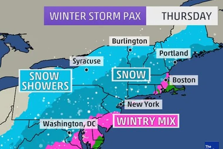 The snow will arrive in the Philadelphia region between 8 and 10 p.m. on Wednesday. (www.weather.com and Weather Underground)