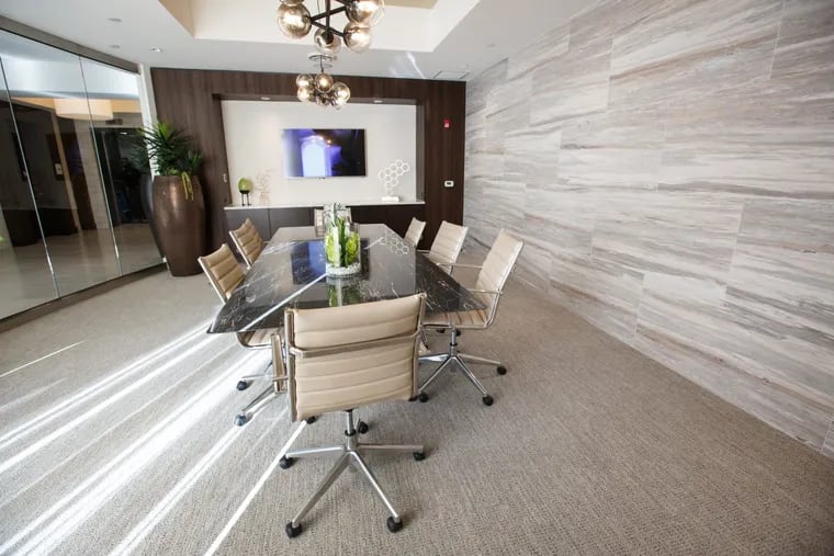 A conference room at Hanover North Broad apartment complex, on North Broad St. The TV mounted on the wall allows for residents to conduct teleconferences.
