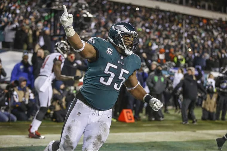 Brandon Graham celebrating the defensive stand that clinched the win over the Falcons and sent the Eagles to the NFC championship game.