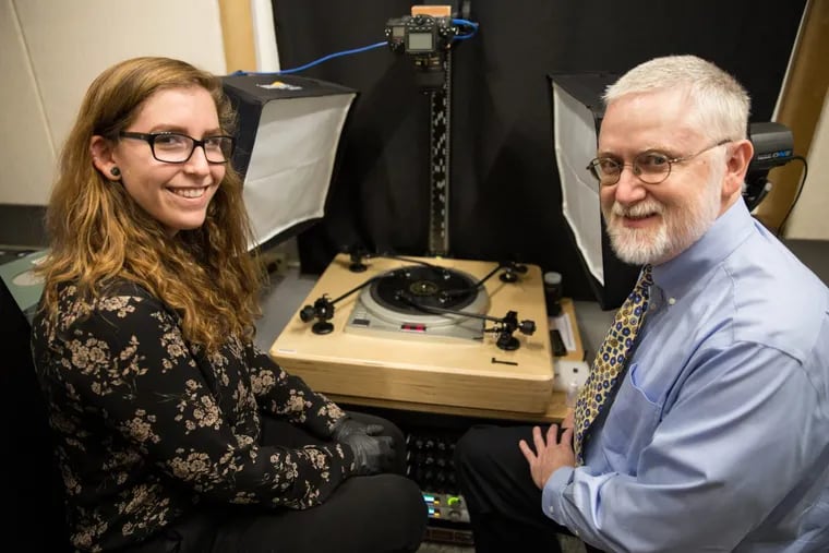 Audio Engineer Liz Rosenberg and George Blood at the headquarters of the Great 78 Project, a nationwide archiving project to transfer 78 rpm music to digital files, in Chestnut Hill, Friday, Aug. 18, 2017. JESSICA GRIFFIN / Staff Photographer