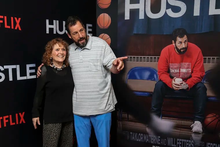 Adam Sandler with his mother, Judy, on the red carpet for the movie "Hustle" at the Philadelphia Film Center on Tuesday.