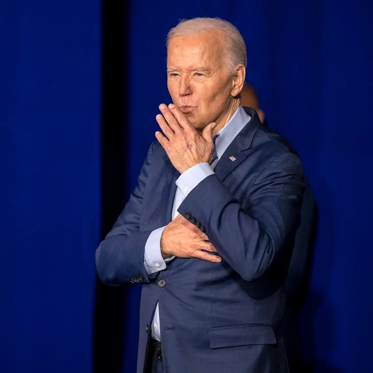 Hand on his heart, President Joe Biden blows a kiss to supporters as he leaves the stage at the Scranton Cultural Center at the Masonic Temple on the first stop in his three-day Pennsylvania campaign tour, a week before the primary election.